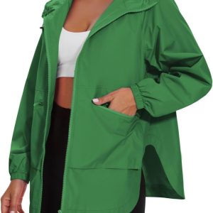 Women Waterproof Raincoat Lightweight Rain Jacket Trench Coat Hooded Windbreaker With Pockets for Outdoor