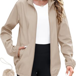 Rain Jacket Women Lightweight Waterproof Raincoats Packable Travel Hiking Hooded Windbreaker with Pockets S-XXL