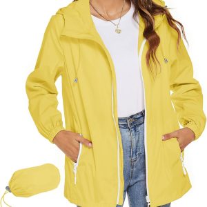Women Waterproof Raincoat Lightweight Breathable Rain Jacket Hooded Rain Coat Outdoor Active Windbreaker with Pocket