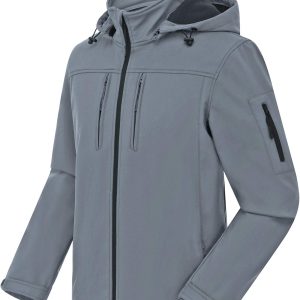 Men's Softshell Military Jacket With Removable Hood, Fleece Lined and Water Repellent Outdoor Reflective Coat